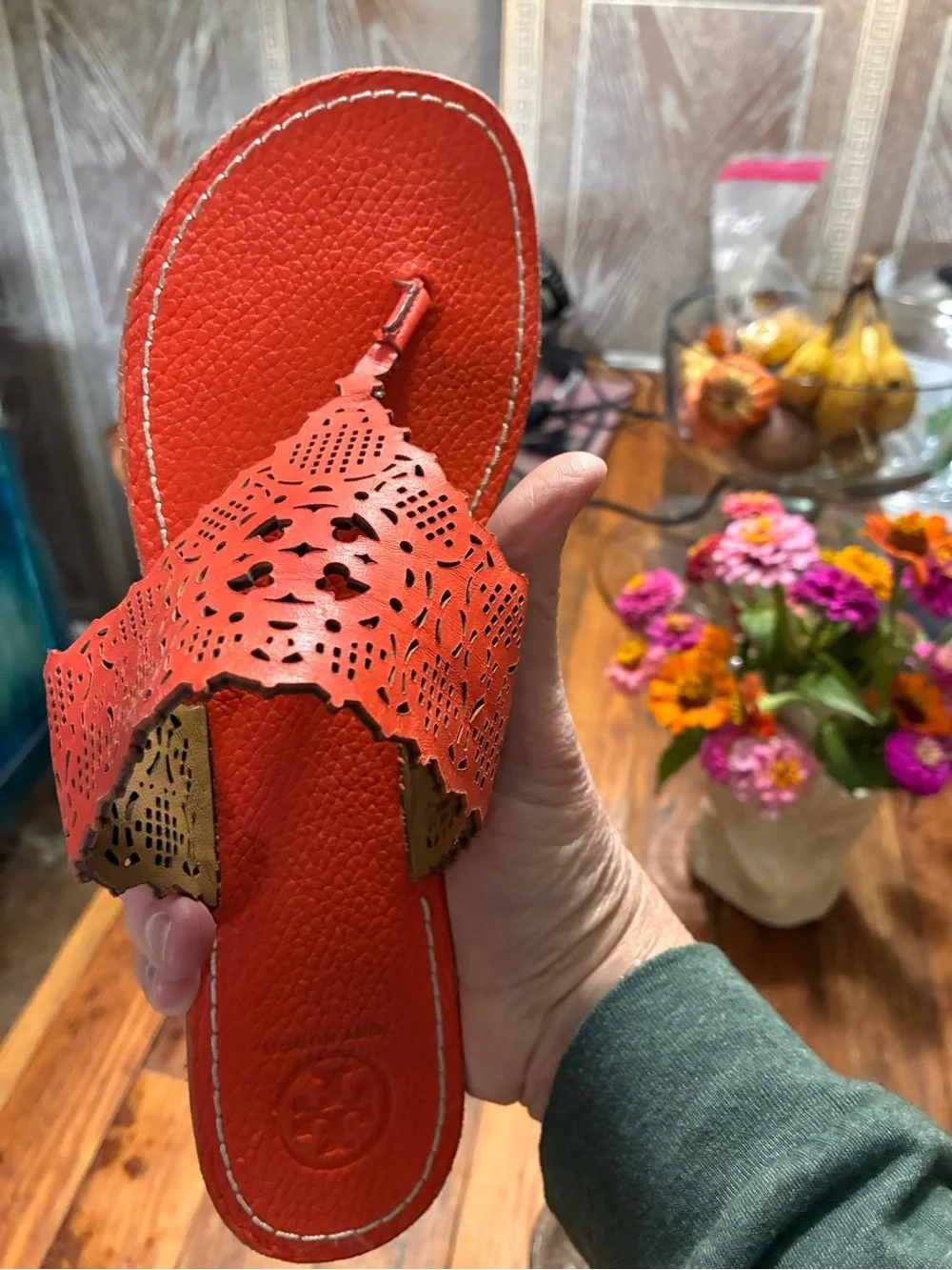 Tory Burch Orange Laser-Cut Leather Thong Sandals
